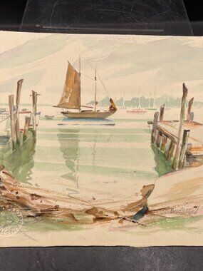 Small Unframed Watercolor Painting Boats Dock Beach Seaside Signed Bill Allen